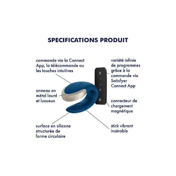 Vibromasseur connecté pour couple avec télécommande Double Love bleu Satisfyer 